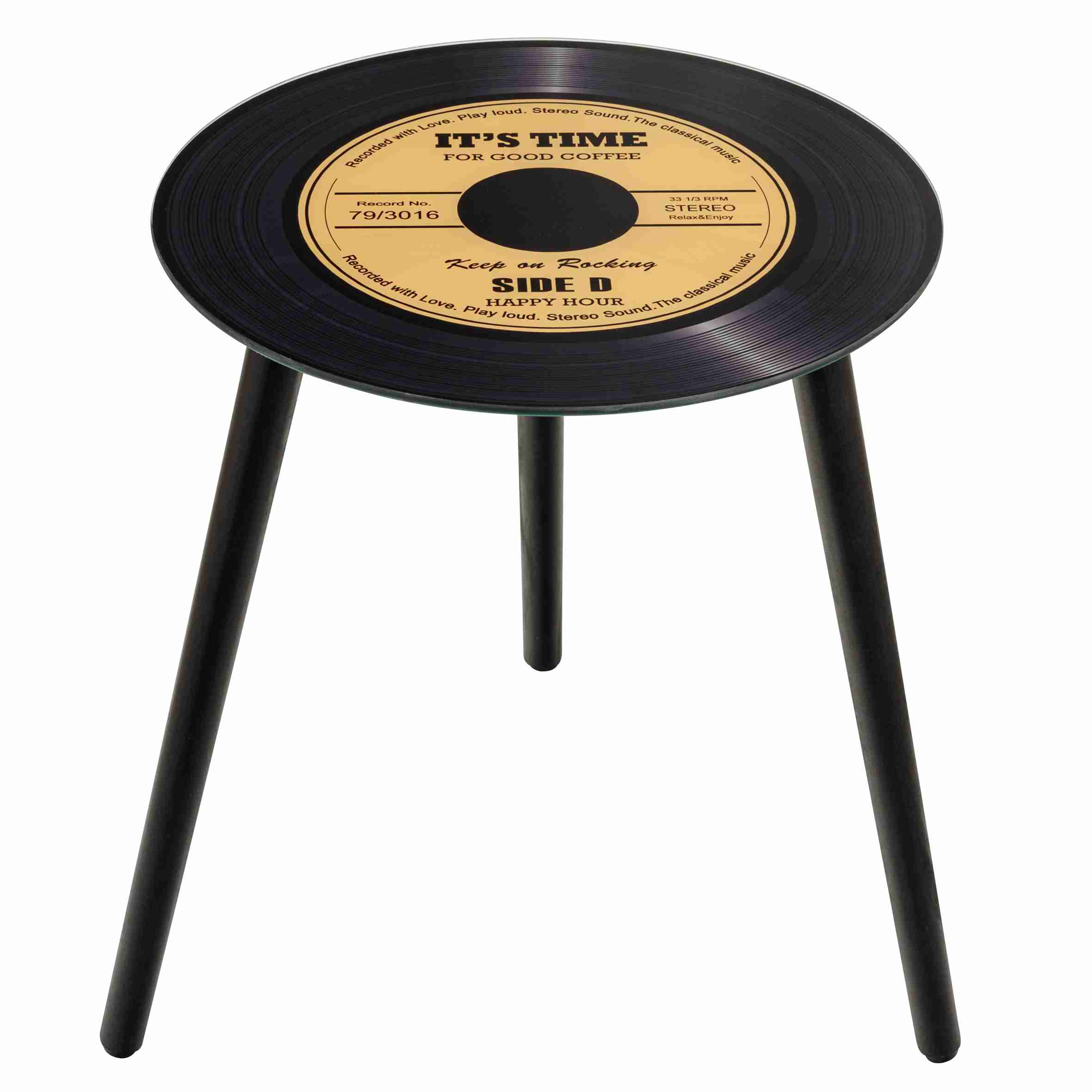 Tavolino "disco vinile", tondo, piano in vetro temperato, altezza 41 cm, diametro 40 cm